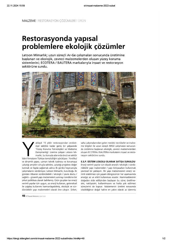 Restorasyonda Yapısal Problemlere Ekolojik Çözümler…